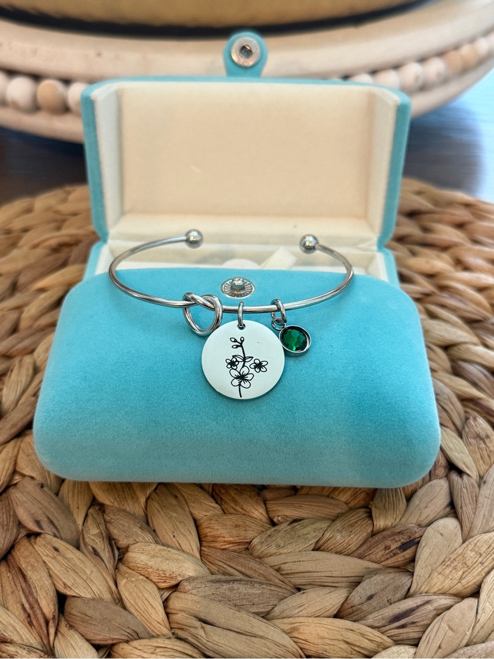 May Birthstone and Flower Silver Bangle